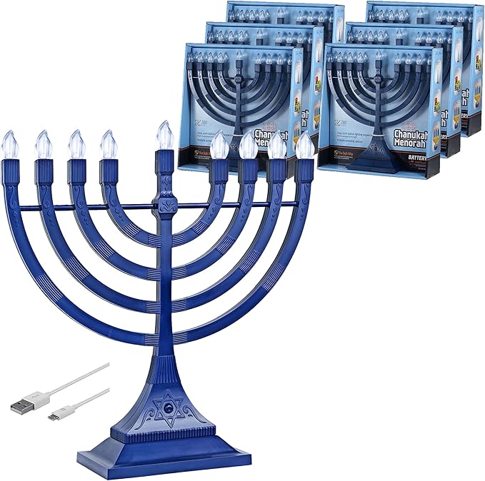 Zion Judaica 6 Pack Electric Hanukkah Menorah LED USB Powered Menorah Electronic Hanukkiah Battery Minorah Flamless Chanukah Candles (Blue, 6)