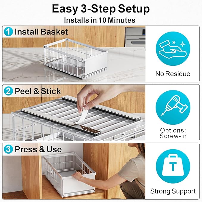 iSPECLE Pull Out Cabinet Organizer, Adhesive Slide Out Drawers with 6.9" High Sides, No Drill Under Cabinet Storage Shelves for Kitchen Pantry, Heavy Duty Smooth Gliding Rolling Tray, White