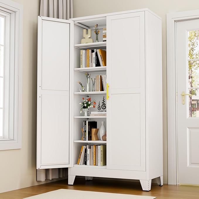 White Metal Storage Cabinet,75" Steel Cabinets for Home Office, Kitchen Pantry Storage Cabinet with Doors and 5 Adjustable Shelves, Tool Cabinets, for Office, Home, Garage, School, 36" W