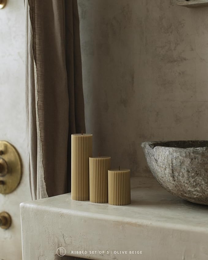 LAWA Roman Handmade Tall Ribbed Pillar Candle - Beautiful Scented Soy Wax Dinner Candle | Classic Aesthetic Decoration Set | Housewarming Gift | Home Room Shelf Decor Idea - Olive Beige (Set of 3)