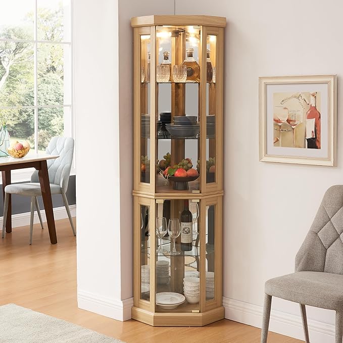 69" H Lighted Curio Cabinet Corner Display Case,Corner Glass Cabinets with Tempered Glass Door and Adjustable Shelves,Wooden Curio Cabinet with Mirrored Back Pane (Style 2 - Light Oak)