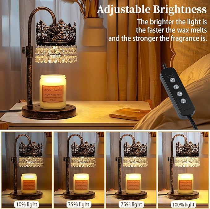 Candle Warmer Lamp with Timer Dimmer Adjustable Height with 2 Bulbs Crystal Candle Lamp Elegant Home Decor for Valentine's Day Gift Wax Melt Warmers for Women Birthday Gift (Black Gold Brushed)