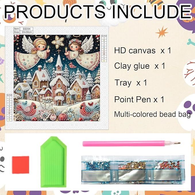 antor Diamond Painting Christmas Angels Protecting Snow Village with Red Robins, 5D DIY Special Shaped Diamond Art Kit for Adults, Crystal Rhinestones Diamond Painting, Holiday Winter Home Wall Decor