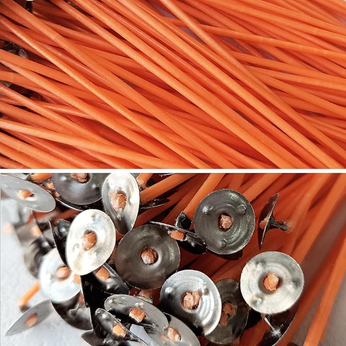 6-Inch Orange Cotton Candle Wicks 100-Pack - Pre-Waxed with Tabs for DIY Candle Making - Premium Candle Wick Supplies