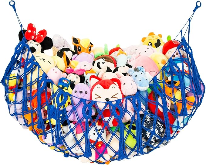 Stuffed Animal Storage Hanging Net or Hammock for Stuffed Animals Handmade Macrame Toy Hammock Plush Toy Hammock Organizer (Blue)
