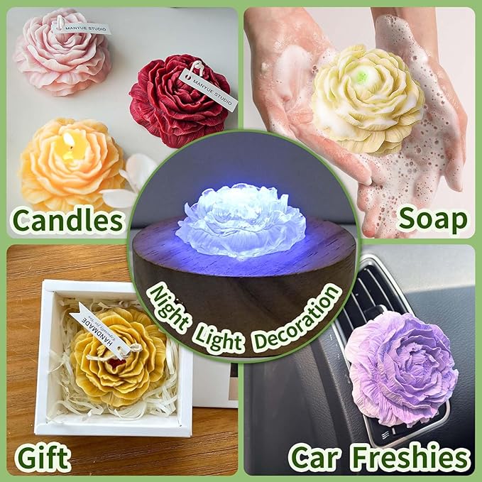 3 Pcs Peony Candle Mold for Candle Making, Set of Large + Medium +Small 3D Peony Flower Silicone Molds for Epoxy Resin Casting Wax Soap Clay Plaster Home Décor Handmade Gift
