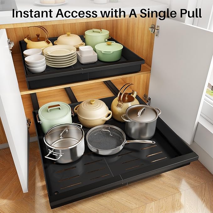 Pull out Cabinet Organizer, 2-Pack Expandable(13.6"-24") Silde out Drawers with Raising Pad for Framed Cabinets, Adjustable Full-Extension Adhesive Roll out Shelves for Kitchen Pantry Home Pot and Pan