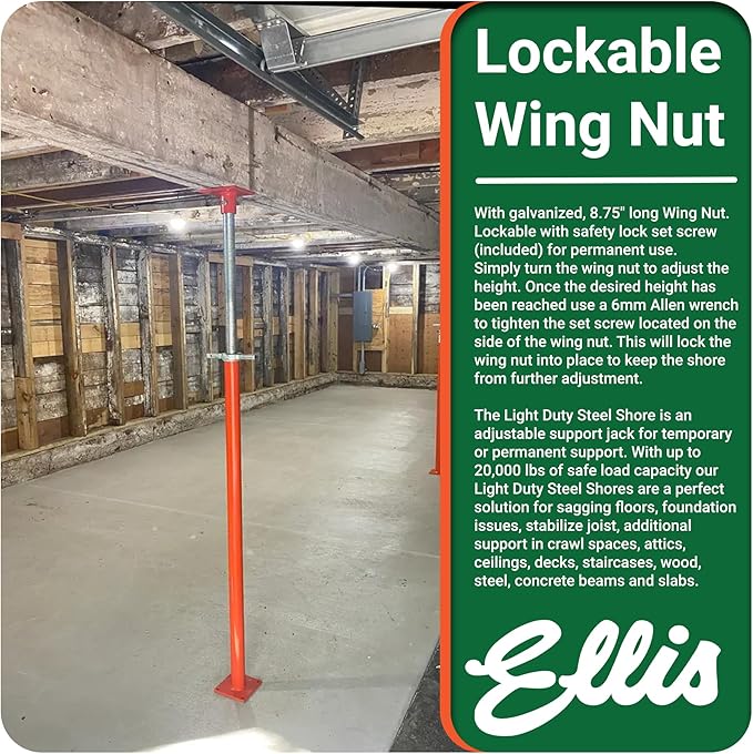 Ellis Manufacturing Light-Duty Steel Construction Jack - Adjustable Screw Jack Post for Floor Leveling, Beams, and Concrete - 8,000 lb Load Capacity - 61"-85" Adjustment, House Jacks for Leveling