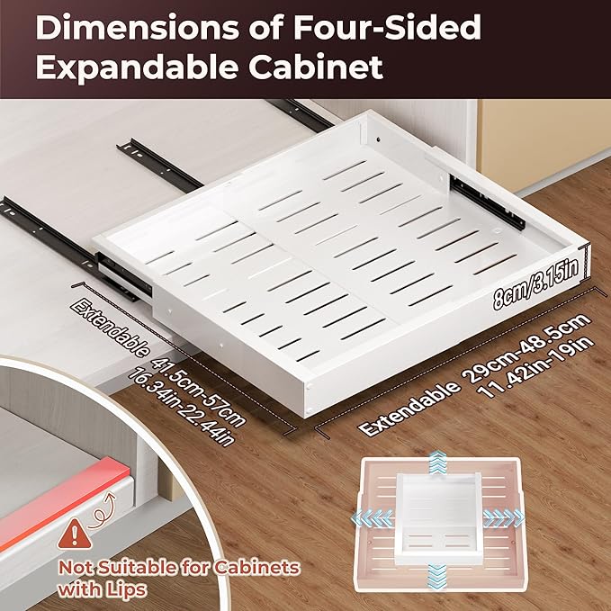 2 Pack Pull Out Cabinet Organizers, Width (12"-19") and Depth (17"-23") Expandable With 3 Slides, No Drill Slide out Drawers Adhesive Film or Nail Cabinets Without Lip in Kitchen, Pantry or Bathroom