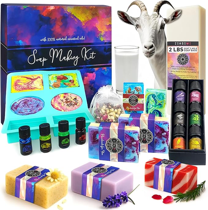 Soap Making Kit for Adults, Make Your Own Soap with Melt & Pour diy gentle soap supplies; 6 Essential Oils, Silicone Soap Mold, Spoon, Dried Flowers, 1.5lbs. Goats Milk Soap Base, 4 Colors, 9 Labels