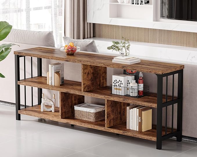 IBF Bookshelf, Farmhouse 63” Long Open Book Shelf, Wood Metal 5 Cube Bookcase for Living Room, Low Horizontal Bookshelf for Bedroom, Wide Cubby Storage Organizer for Home Office, Rustic Brown, 63 Inch