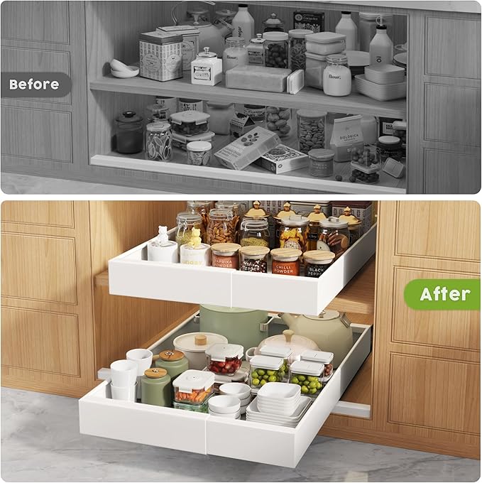 Seinloes 4 Pack Pull Out Cabinet Organizers 21" Deep With Raising Pad for Framed Cabinets, Expandable Width (9"-14") Slide Out Drawers Upgrade 3 Slide Rails, Roll Out Shelves Adhesive, White