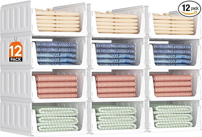 Lifewit 12 Pack Stackable Closet Organizers and Storage Basket for Clothes, Plastic Sweater Storage Bins for Wardrobe, Multifunctional Pants Organizer for RV, Pantry, Bathroom, Kitchen, Dorm, 24L