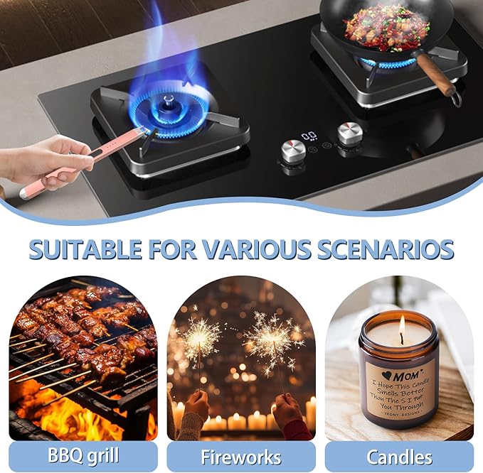 Electric Candle Lighter, Rechageable Arc Lighters for Camping, Long Lighter with Safety Switch & LED Battery Display, Windproof & Flameless lighters for BBQ, Grill (Rose Gold)