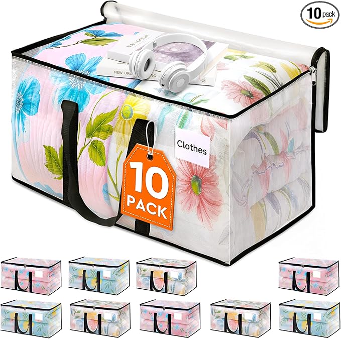 HomeHacks Clear Moving Bags Heavy Duty 10 Pack, Storage Bags with Zipper, Extra Thick Handles & Waterproof Packing Boxes for Moving, Camping, Home Organization 125L/33Gal (28.7"x16.5"x16.1")
