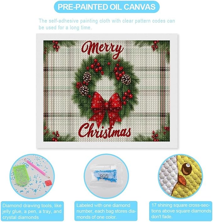 AIVKIEJK Diamond Painting Kits for Adults - Red Bow & Green Leaves Merry Christmas Painting DIY 5D Full Drill Diamond Dots Paintings with Diamonds Gem Art and Crafts Home Decor 16"x20"