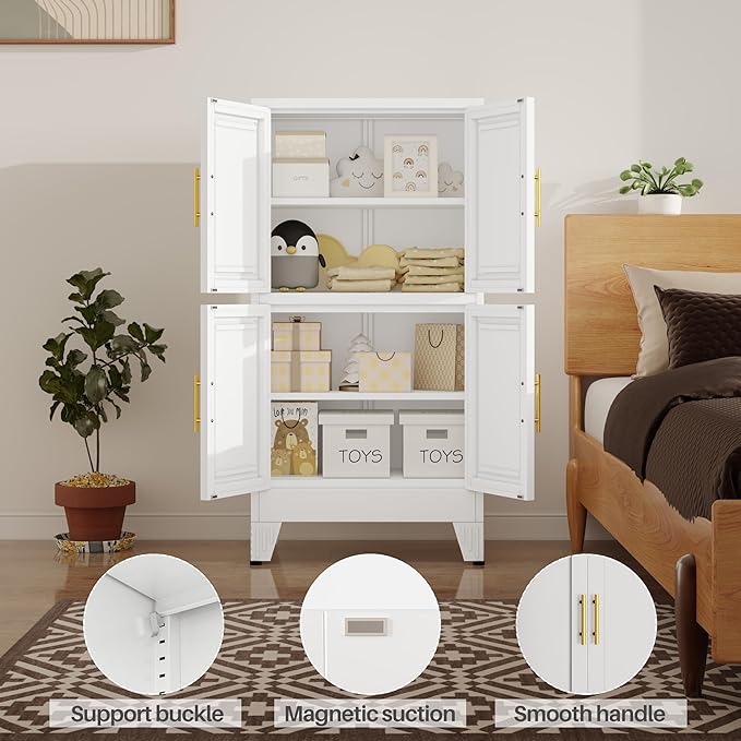 47“H White Metal Bathroom Storage Cabinet, Kitchen Pantry Cabinet with Doors and 3 Adjustable Shelves, Bathroom cabinets Organizer, for Home Office, Bedroom