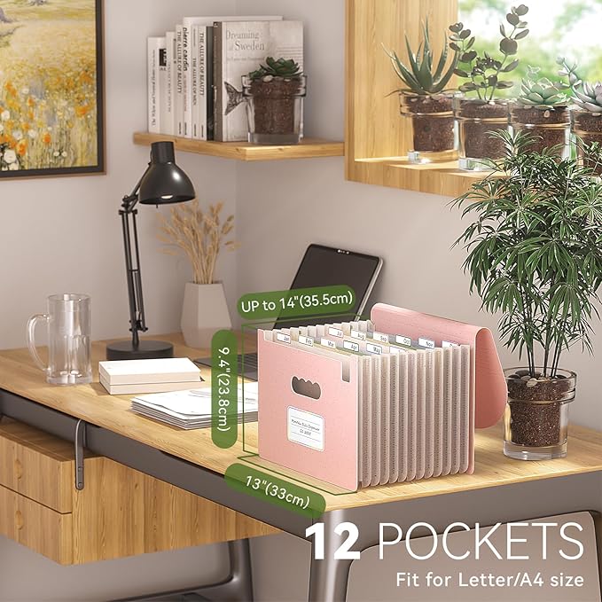 EcoStash Accordion File Organizer, 12-Pocket Wheat Straw Expanding File Folder, Portable Monthly Bill & Tax Receipt Organizer, Letter/A4 Size Document Holder with Colorful Tabs-Strawberry Pink