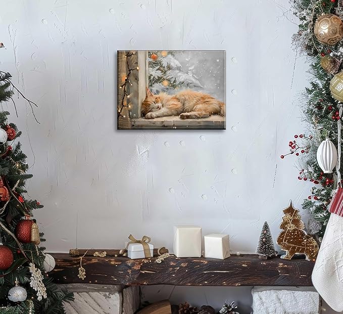 Paint by Number Kit for Adults & Kids, Christmas Sleeping Cat by Window 16x20 Inch, DIY Acrylic Painting Kit with Brushes & Paints, Holiday Art Decor for Home Framed