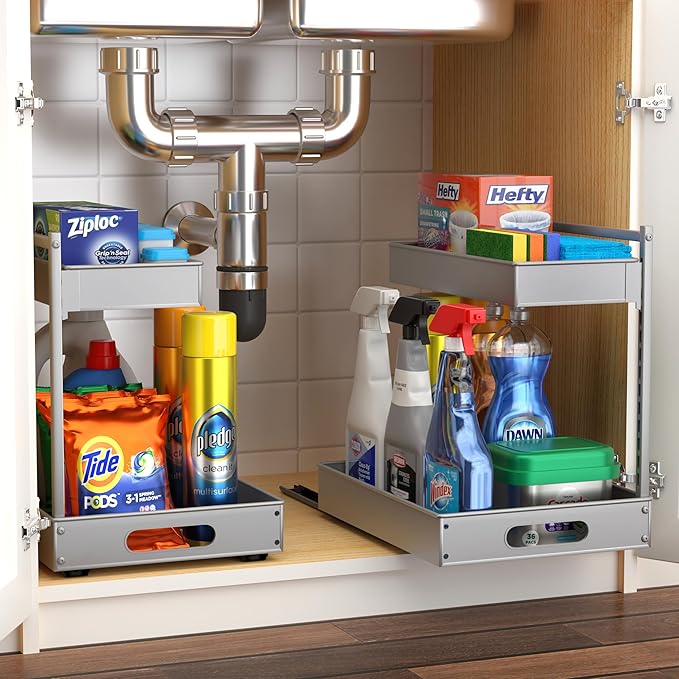 Sorbus Under Sink Organizer with Sliding Tracks – Pull Out Cabinet Organizer with Drawer & Installation Rails – Under Cabinet Bathroom Storage Organizer for Kitchen, Pantry, or Vanity –Silver 2 Pack