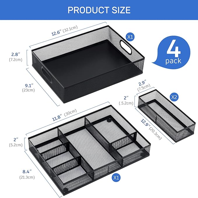 Neudeco Desk Drawer Organizer with 6 Adjustable Dividers, Metal Mesh Pen Organizer for Desk Drawer, Office Supplies Tray (Pack of 4, Black)