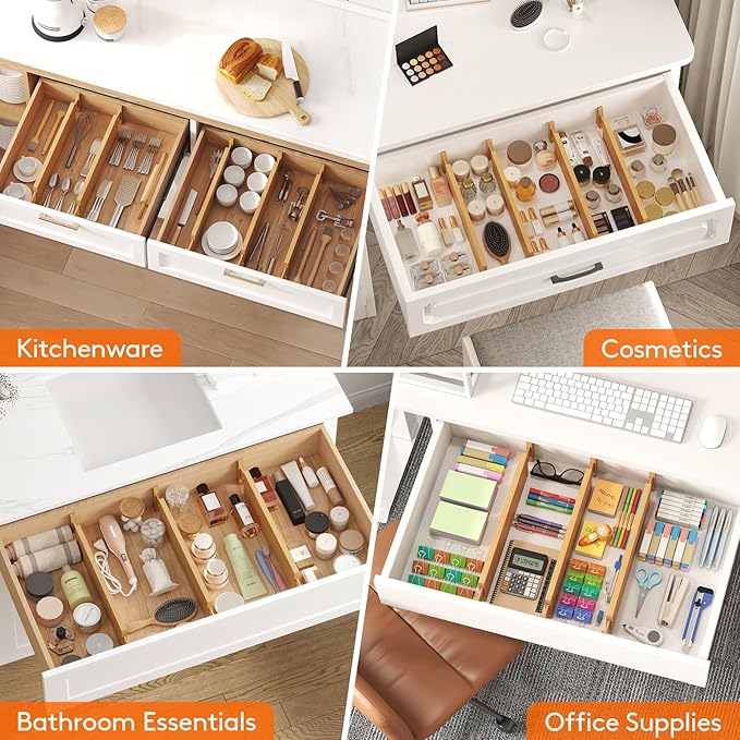 Lifewit 4" High 4 Pack Bamboo Drawer Dividers 43-54cm/17-21.5" Adjustable Wooden Drawer Organizer for Clothes/Utensils, Expandable Drawer Separator for Dresser/Kitchen/Bedroom/Office Organization