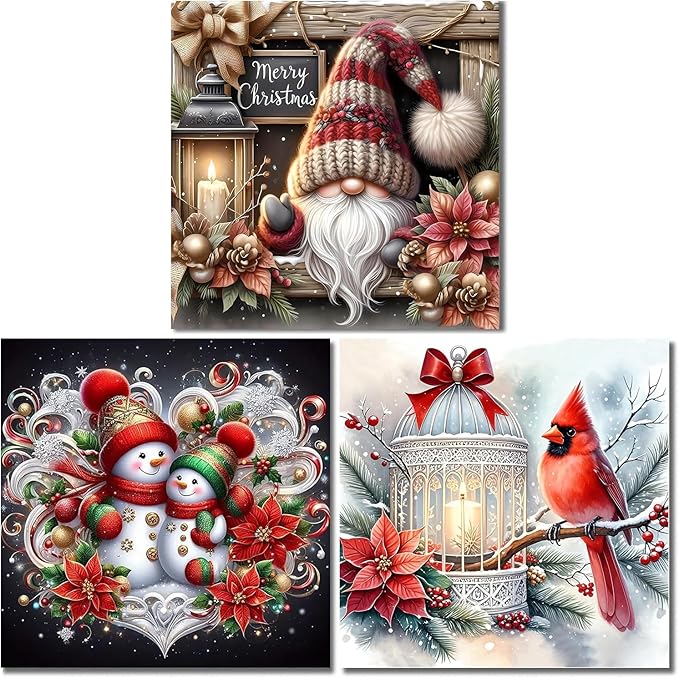 3 Pack Christmas Diamond Painting Kits for Adults-Gnomes Diamond Art Kits for Adults Beginner,Snowman Cardinal DIY Full Drill Diamond Dots Paintings ,5D Gem Art and Crafts Home Wall Decor 12x12 In