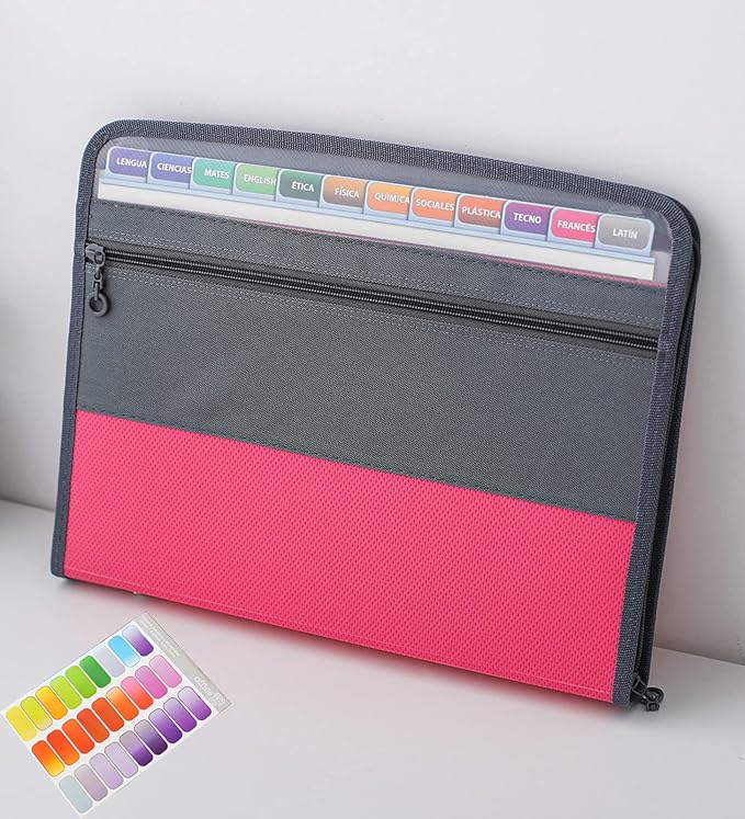 NAFY Expanding File Folder, 13 Pockets Document Organizer with Zipper, A4 Letter Size Portable Accordion Expanding File Folders with 27pcs Multicolor Labels for Home Office School Supplies (Pink)