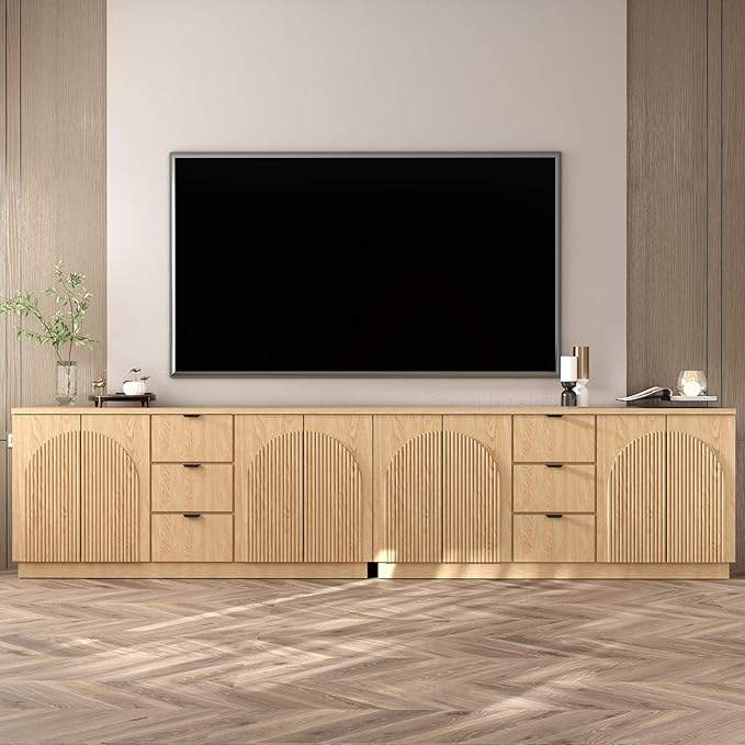 Brafab 67" Mid Century Modern Style Storage Sideboard with 4 Arched Reeded Design Doors and 3 Drawers with Adjustable Shelves, Suitable for Living Rooms, Studies and Dining Rooms (Natural Oak, 1 PCS)