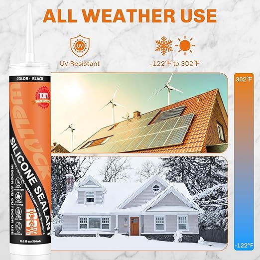 WELLUCK Black Silicone Caulk, 100% Waterproof Silicone Sealant Adhesive Caulking,for RV, Kitchen,Bathroom, Window, Door, Glass, Auto Leak Sealing 10.2FL.OZ/300ML（12 Pack）