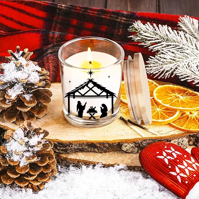 Ziliny 10 Pcs Christmas Glass Candle Jars Empty Containers Bulk 7 oz Glass Jars with Cork Lids Tins for Candle Making Storing Biscuits Tea Party Favors(Nativity)