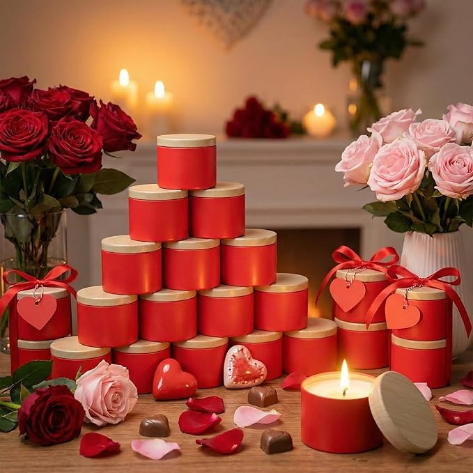 Honeydak 36 Pcs 4oz Red Candle Jars Bulk Candle Tins Small Empty Containers with Metal Wood Grain Printing Lids for Making DIY Jars Storage Wedding Gifts