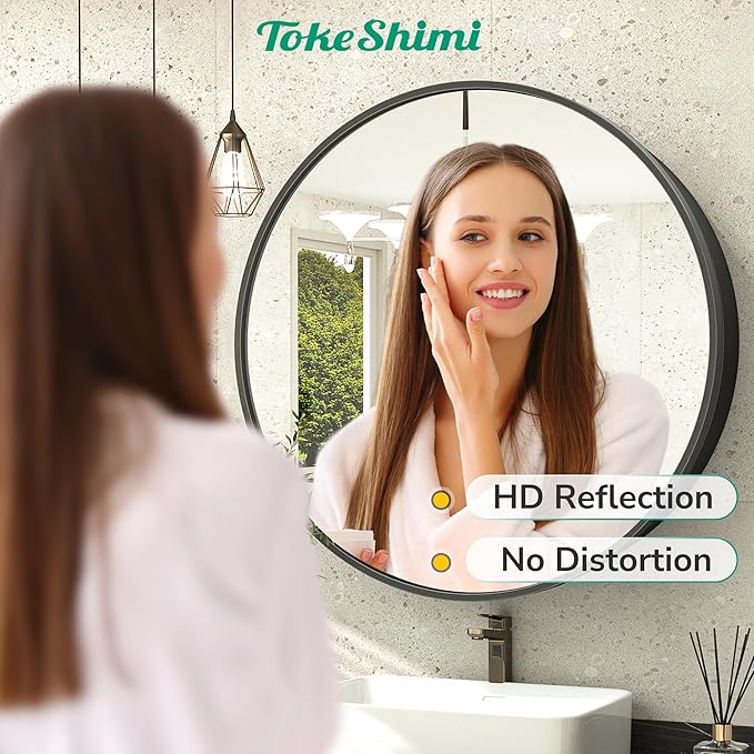 TokeShimi 24 x 24 Round Medicine Cabinet with Mirror, Black Medicine Cabinet, Circle Bathroom Mirror with Storage, Shatterproof with Metal Frame, Detachable Shelves, Wall Mounted Only