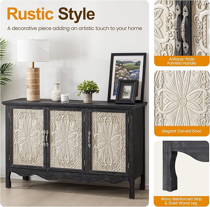 RoyalCraft Buffet Cabinet with Storage, Vintage Solid Wood Sideboard with 3 Carved Doors, Painted Coffee Bar Console Table for Dining Room, Living Room, Kitchen, Black