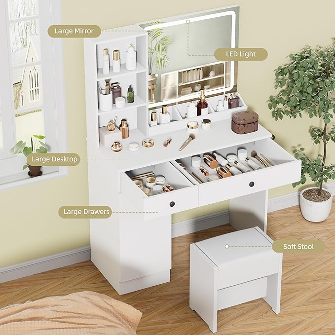 YIKEHOME Women Makeup Vanity Desk with Mirror and 11 Lights, 3-Colour Hollywood Brighter Bulbs, Vanity Table with Large Drawers and Tiers of Open Shelves for Bedroom Dressing Room White