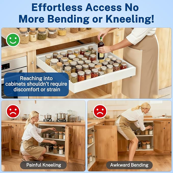 Pull Out Cabinet Organizer Expandable Width(12.2"-20.47") & 21"Deep, Insputer No Drill Adhesive Slide Out Drawers with Upgrade 3 Slide Rails, Magnetic Panel, Roll Out Shelf for Kitchen, Pantry White