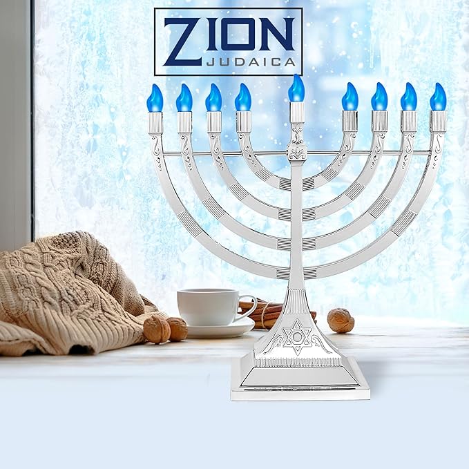 Zion Judaica 12" LED Chanukah Menorah with Flame Shaped LED Bulbs Electric Menorah USB Powered or Batteries Electronic Minorah - 4' Cable Included Hanukkah Battery Menorahs Silver