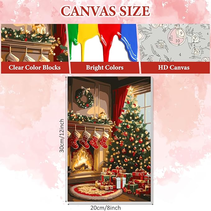 NAIMOER Christmas Tree Fireplace Paint by Numbers Kits for Adults Beginner with Wooden Framed, Color by Numbers on Canvas Painting Kits, Easy Paint DIY Acrylic for Home Wall Decor 8X12 Inch