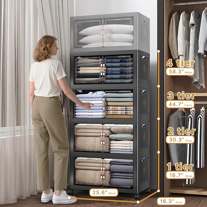UAMFURI Extra Large Stackable Storage Bins with Lids & Wheels, Foldable Collapsible Closet Organizers Dark Storage Cabinet with Doors for Bedroom Dorm