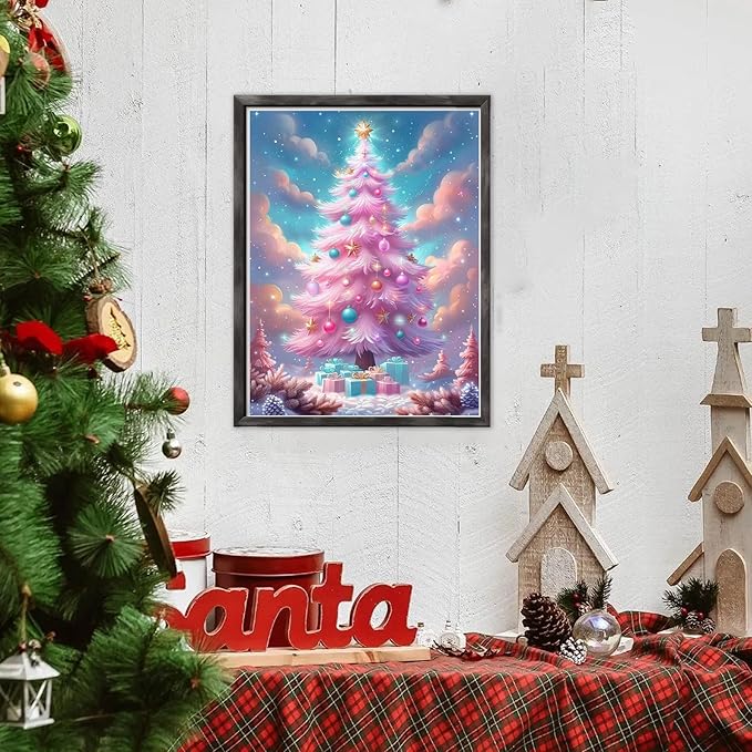 DOMROM Christmas Diamond Painting Kits, Pink Christmas Tree 5D Diamond Art Kits,Gem Art Painting with Diamonds Dots, Arts and Crafts for Beginners Adult Wall Decor 12 x 16inch