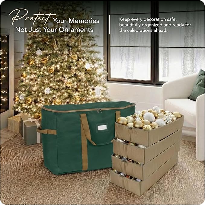 Covermates Keepsakes Adjustable Ornament Storage Bag – Heavy-Duty Polyester, Padded Dividers & FlexGrid Trays – Protective Holiday Ornament Organizer with Handles & Label Window, Green
