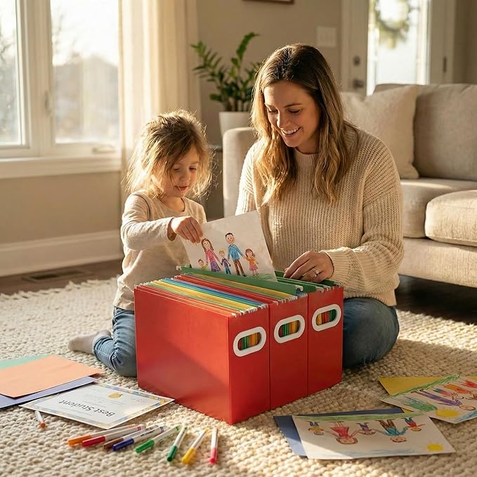 Hanging File Organizer Box, 3 Pack Red Cardboard File Folder Holder for Letter Size, Portable Desk Document Storage with Handles, for Office,Home,School