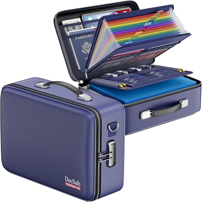 DocSafe Fireproof Document Box with Lock, Hard Case File Organizer with Accordion File Folder, Fireproof Water Resistant Safe Box Home Office Travel Storage for Important Documents Laptop Blue