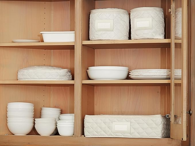 Covermates Keepsakes Dish Storage Case – Padded China & Dinnerware Organizer, Quilted Polyester Protection, ID Window, Zipper Closure, Machine Washable, Cream