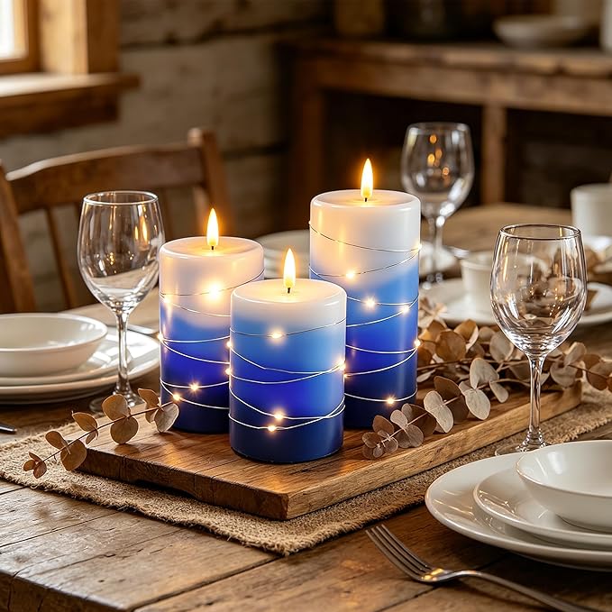 Flameless Candles with String Lights, Battery Operated Candles with Remote Control and Timer,Flickering LED Pillar Candles for Home Decoration,Real Wax, Gradient Blue (3-Pack)