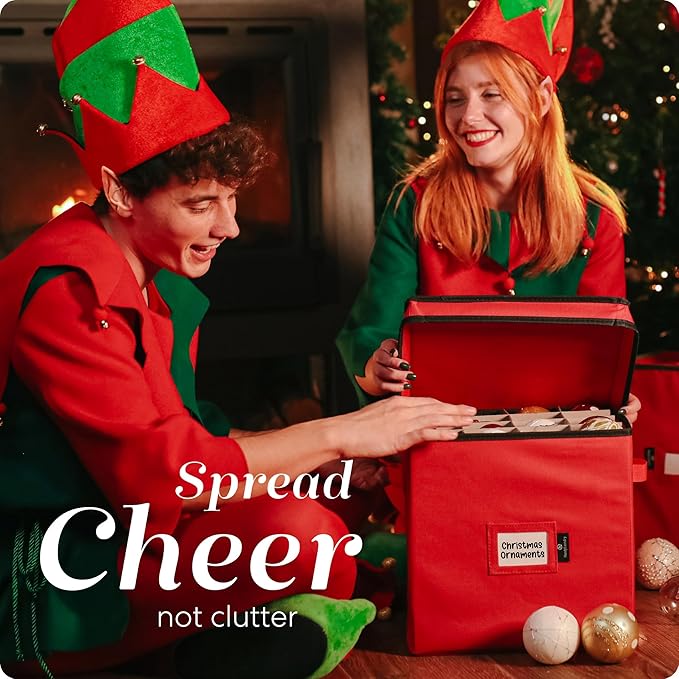 Handy Laundry, Christmas Ornament Storage - Stores up to 64 Holiday Ornaments, Adjustable Dividers, Covered Top, Two Handles. Storage Box Keeps Holiday Decorations Clean & Dry for Next Season. (Red)