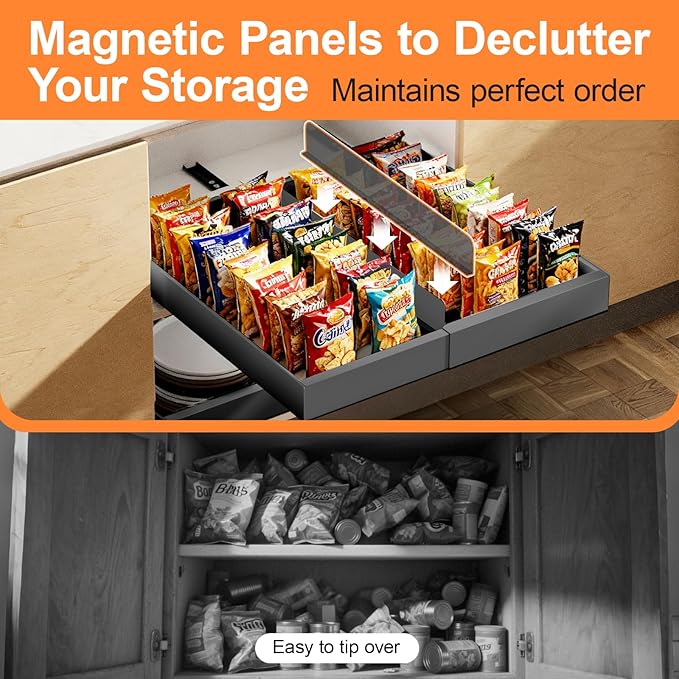 2 Pack Pull out Cabinet Organizer Expandable Width(12"-20") and 21"Depth, No Drill Adjustable Slide Out Drawers for Kitchen, Cabinets With 3 Slide Rails,Magnetic Panel, Adhesive Roll out Shelves