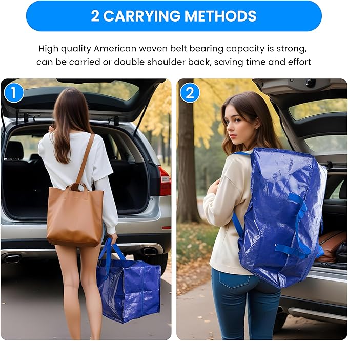 Simple Deluxe 12 Pack Extra Large Moving Bags with Backpack Straps, Strong Handles/Zippers, Heavy Duty Storage Tote for Moving Travel Camping Space Saving, Blue