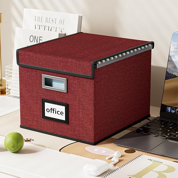 Huolewa File Organizer Box with Lid, Collapsible File Folder Organizer for Office Document Storage, Filing Box with Plastic Slide for Letter Size Hanging File Folders(1 Pack, Dark Red)