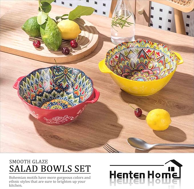 Henten Home Bohemia Large Bowls with Handle, 49 oz Ceramic Soup Bowl Set of 2, Porcelain Pho Bowl, Floral Noodle Bowls Set for Kitchen, Ramen, Udon, Microwave & Dishwasher Safe